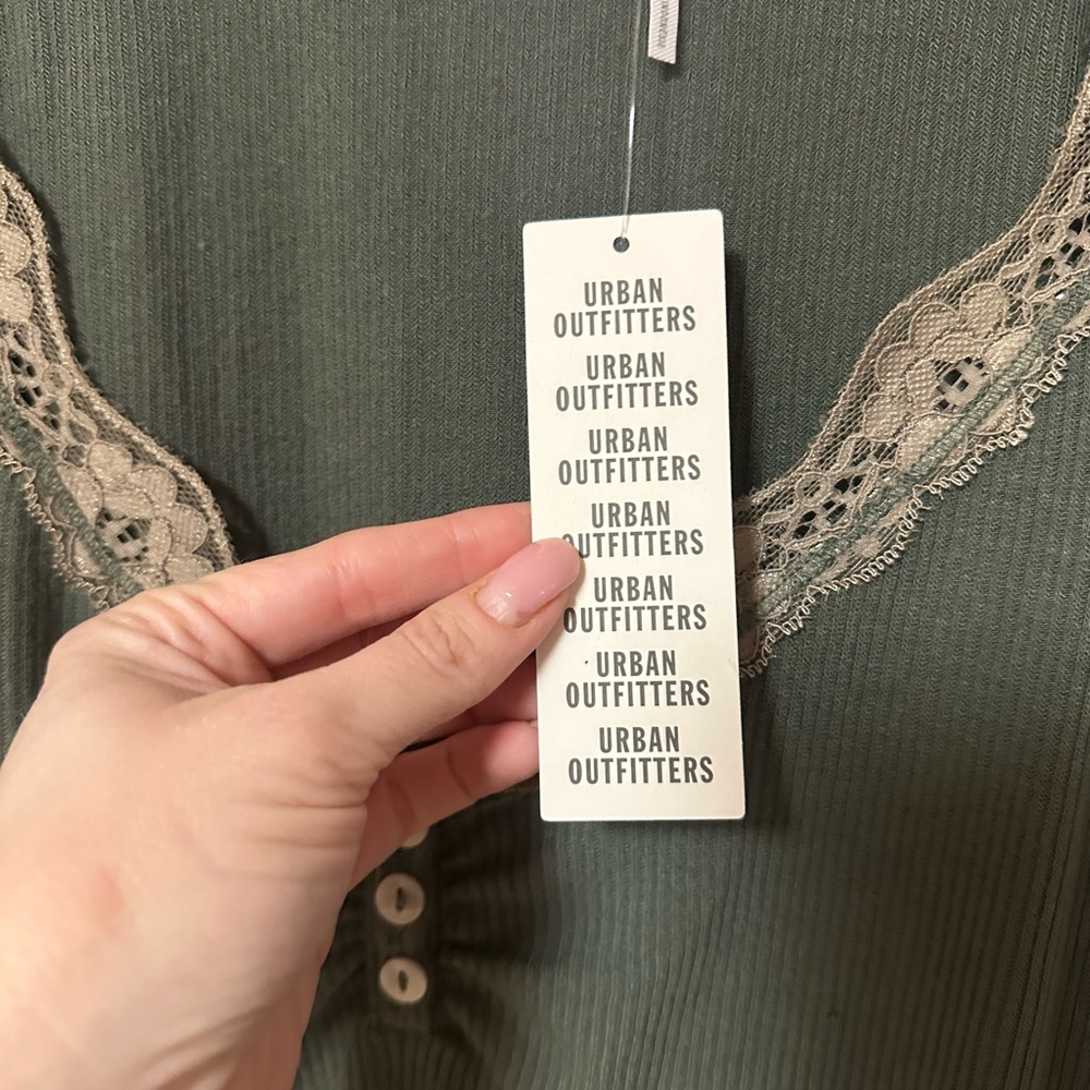 Urban Outfitters Olive Green Lace-Trim Ribbed Long Sleeve Top - Picture 7 of 11